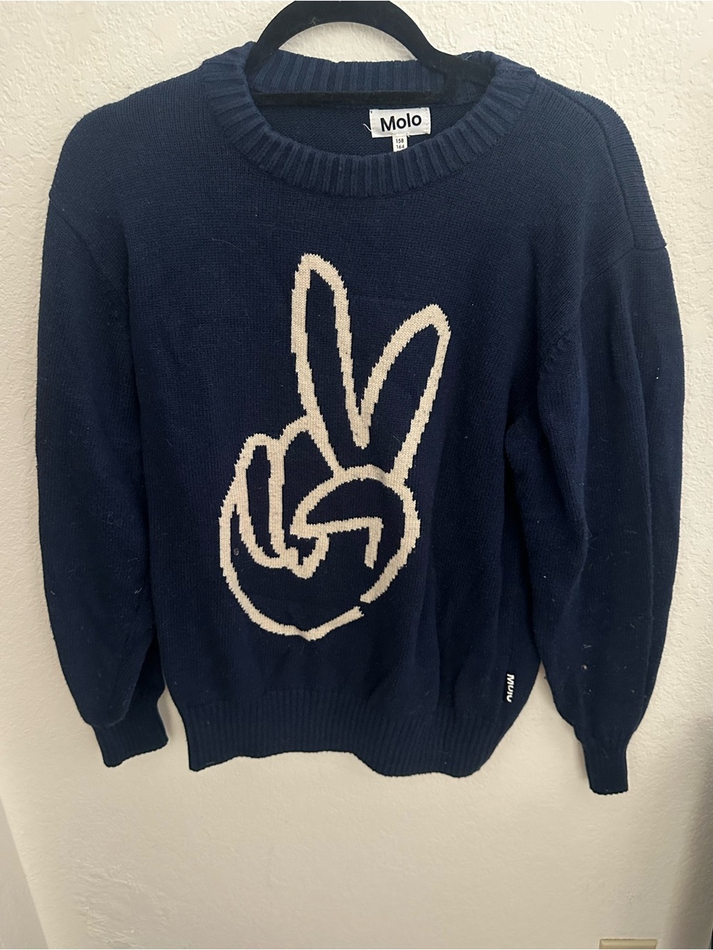 Molo Navy Crewneck Sweater with Cream Peace Hand Graphic